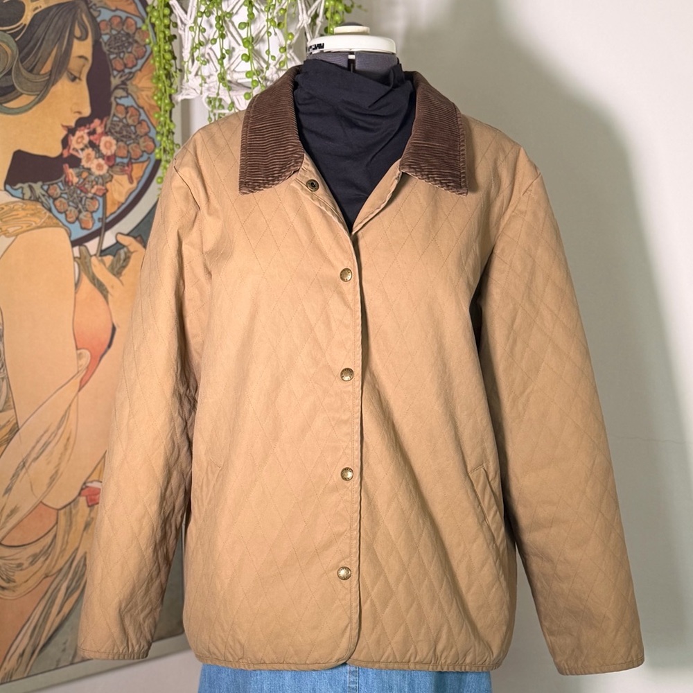 Orvis Quilted Barn Jacket Cotton Field Coat Corduroy Collar‎ Plaid Lining